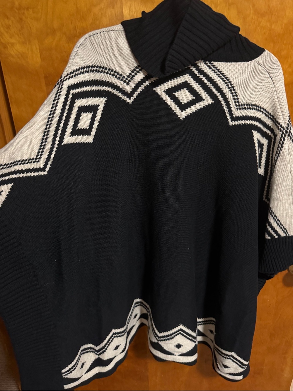 Cynthia Rowley Black and Cream Geometric Turtleneck Poncho Sweater